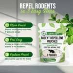 Instructional graphic showing three steps to repel rodents alongside a Mighty Mint pouch and mint sprig