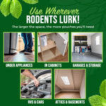 Use-case graphic with photos showing placement options: under appliances, in cabinets, garages and attics