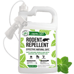 White jug with spray attachment labeled Mighty Mint Rodent Repellent, green leaf graphics and peppermint sprig