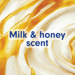Close-up swirl of creamy milk and honey textures with overlay text reading Milk & honey scent