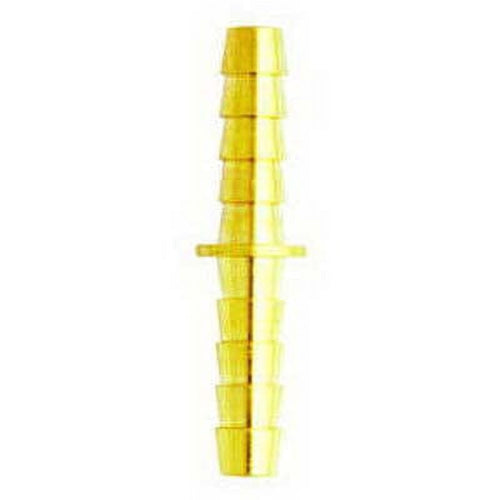 Brass double-barb hose mender with central stop for joining two hose ends