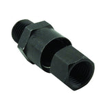 Angled view of a dark metal hose-end swivel coupling showing male threads and female hex nut