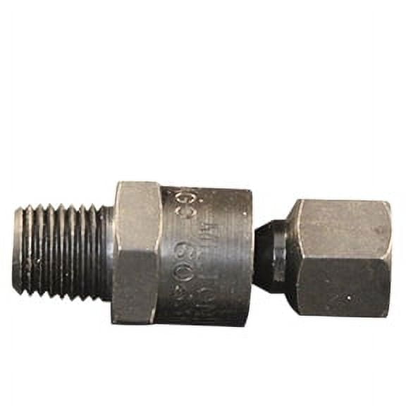Close-up of a metal hose-end swivel fitting with male threaded stud and hex nut coupling