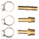Three brass hose barb fittings laid out with three stainless steel worm-drive hose clamps on a white background.