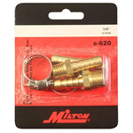 Milton S-620 hose repair kit in blister card packaging showing brass barbs and stainless steel clamps, labeled 1/4" ID hose.