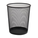 Single black metal mesh round wastebasket on white background showing mesh pattern and solid base