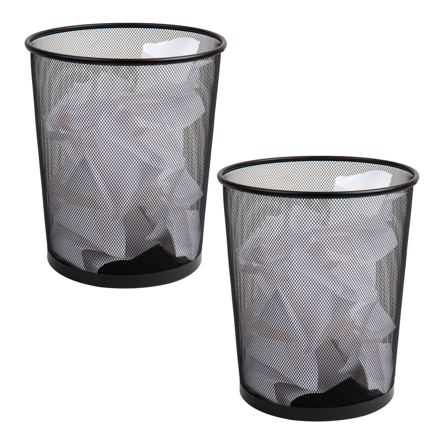 Two black metal mesh round wastebaskets shown filled with crumpled paper on white background
