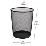 Black mesh wastebasket on white background with printed dimensions and arrows indicating height and diameters