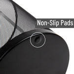 Close-up of the bottom rim of a black mesh wastebasket highlighting a non-slip pad detail