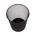 Top-down view into an empty black metal mesh wastebasket showing the circular base and mesh sides