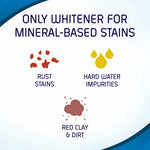 Graphic infographic stating ‘Only whitener for mineral-based stains’ with icons for rust stains, hard water impurities, and red clay