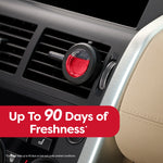 Round red mini diffuser clipped into a car air vent shown in dashboard setting with up to 90 days freshness badge