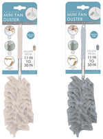 Two packaged mini fan dusters on hang-cards showing adjustable 11 to 30 inch handle and chenille mop-style heads