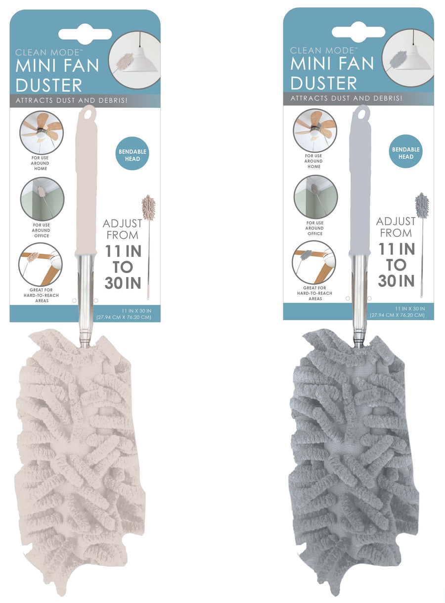 Two packaged mini fan dusters on hang-cards showing adjustable 11 to 30 inch handle and chenille mop-style heads