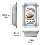 Top, side and front views of an aluminum mini loaf pan with clear plastic lid and dimensional measurements