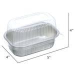 Aluminum mini loaf pan fitted with a clear hinged plastic lid shown at an angle with 5x4 inch dimension markers