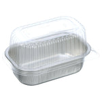 Aluminum mini loaf pan topped by a clear plastic hinged lid, shown at a slight angle on white background