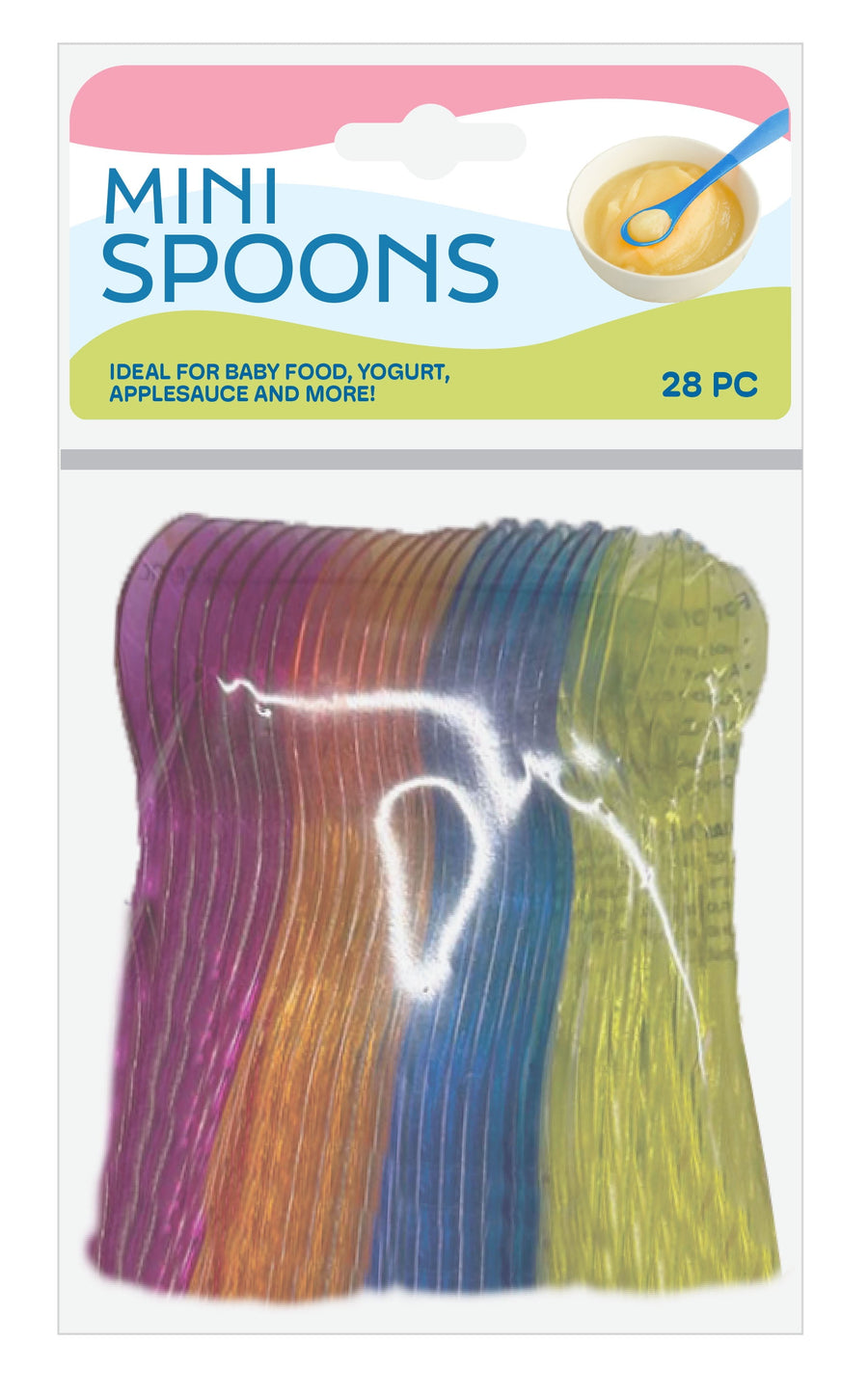 Retail blister pack labeled 'MINI SPOONS' showing assorted translucent plastic mini spoons in pink, orange, blue and green