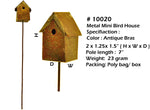 Two views of a weathered metal miniature birdhouse on a stake with product specifications printed to the right