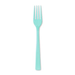 Single mint-colored disposable plastic fork photographed on a white background, vertical orientation