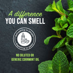 Dark background with fresh mint leaves and headline A difference you can smell, claims about peppermint oil