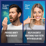 Split panel with a man demonstrating bad breath and a smiling woman pointing at her teeth promoting minty fresh breath and whitening