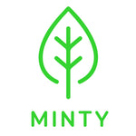 Simple green outline leaf icon above the word 'MINTY' on a white background, indicating flavor