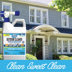 Miracle Brands Outdoor Cleaner jug overlaid on a suburban house exterior with blue banner reading 'Clean Sweet Clean'