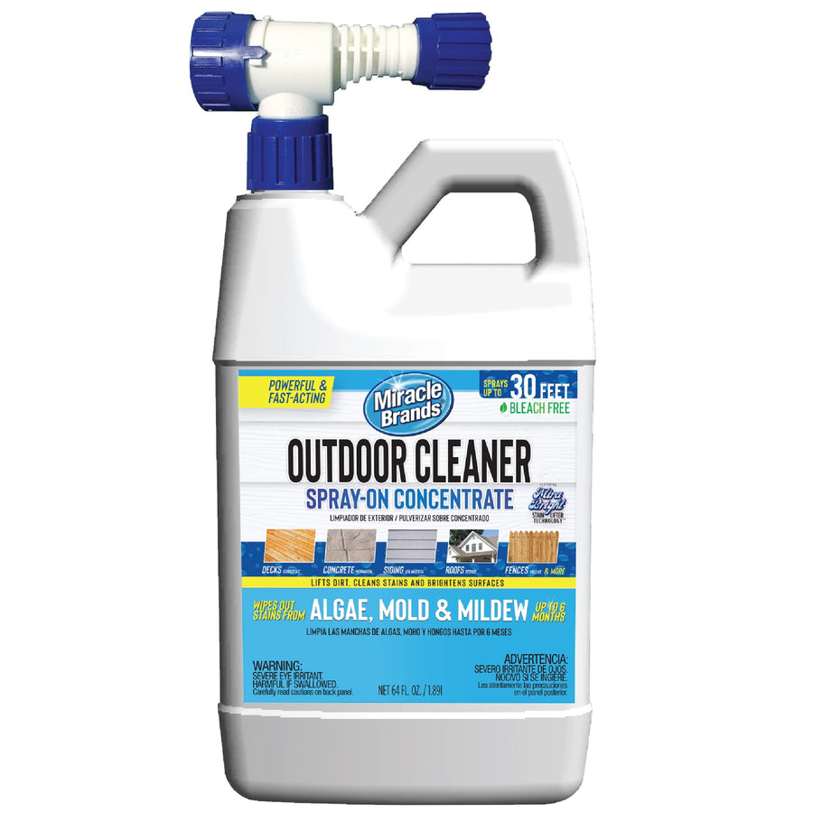 Single white jug of Miracle Brands Outdoor Cleaner spray-on concentrate with blue hose-end connector and product label