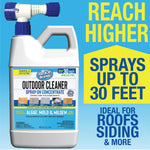 Miracle Brands Outdoor Cleaner jug shown beside bold text advertising sprays up to 30 feet and ideal for roofs and siding