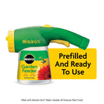 Miracle-Gro Garden Feeder handheld hose attachment shown on white background with 'Prefilled And Ready To Use' callout.