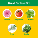Graphic panel showing icons of flowers, vegetables, garden, trees, and shrubs labeled 'Great For Use On'.