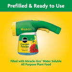 Miracle-Gro Garden Feeder on yellow background with text 'Prefilled & Ready to Use' and product label visible.