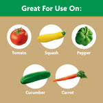 Graphic panel showing icons of vegetables - tomato, squash, pepper, cucumber and carrot - labeled for use with the product