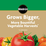 Promotional graphic with Miracle-Gro logo and large text 'Grows Bigger, More Bountiful Vegetable Harvests' over tomato imagery