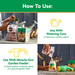 Instructional collage showing using product with watering cans and Miracle-Gro garden feeder, with text 'How To Use'
