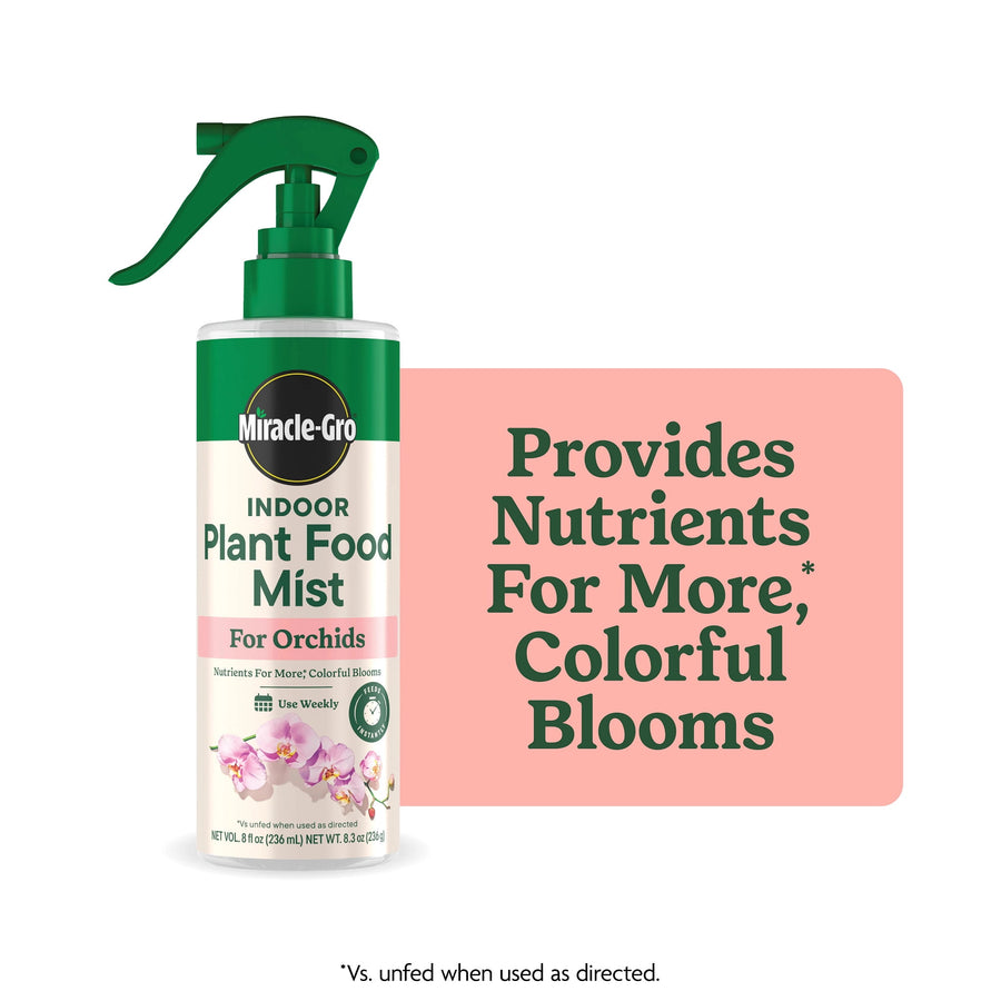 Miracle-Gro Indoor Plant Food Mist bottle for orchids shown with pink callout text claiming more colorful blooms.