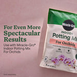 Partial view of a bag of Miracle-Gro Indoor Potting Mix for Orchids alongside text recommending use for more spectacular results.