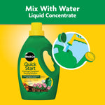 Miracle-Gro Quick Start bottle with watering-can illustration and text ‘Mix With Water Liquid Concentrate’ on yellow background