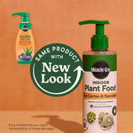 Miracle-Gro indoor plant food bottle pictured with a circular graphic announcing 'Same Product with New Look' and an inset of the old packaging.