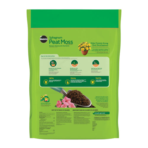 Rear view of a Miracle-Gro peat moss bag showing product instructions, icons, and ingredient panel on green packaging