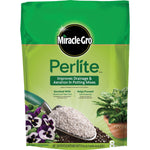 Green Miracle-Gro branded bag of perlite showing product name, scoop of white perlite and potted plants on the front