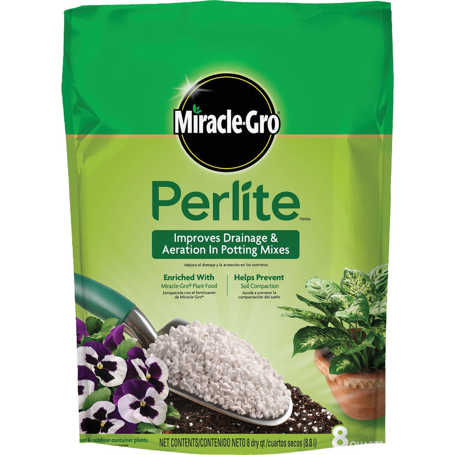 Green Miracle-Gro branded bag of perlite showing product name, scoop of white perlite and potted plants on the front