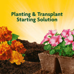 Graphic scene of soil, marigolds and pink petunias with sunrise background and text ‘Planting & Transplant Starting Solution’
