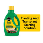 Green Miracle-Gro Quick Start bottle with yellow cap and gardening label beside yellow planting solution text panel
