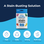 Product box of Miss Mouth’s stain treater centered above icons highlighting features like fast, safer, strong, and multi-use