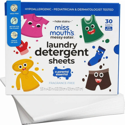 Box of Miss Mouth’s Messy Eater laundry detergent sheets with playful clothing illustrations and a stack of white sheets