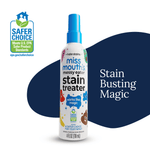 Single bottle of Miss Mouth's Messy Eater stain treater on a white background with Safer Choice badge and 'Stain Busting Magic' text