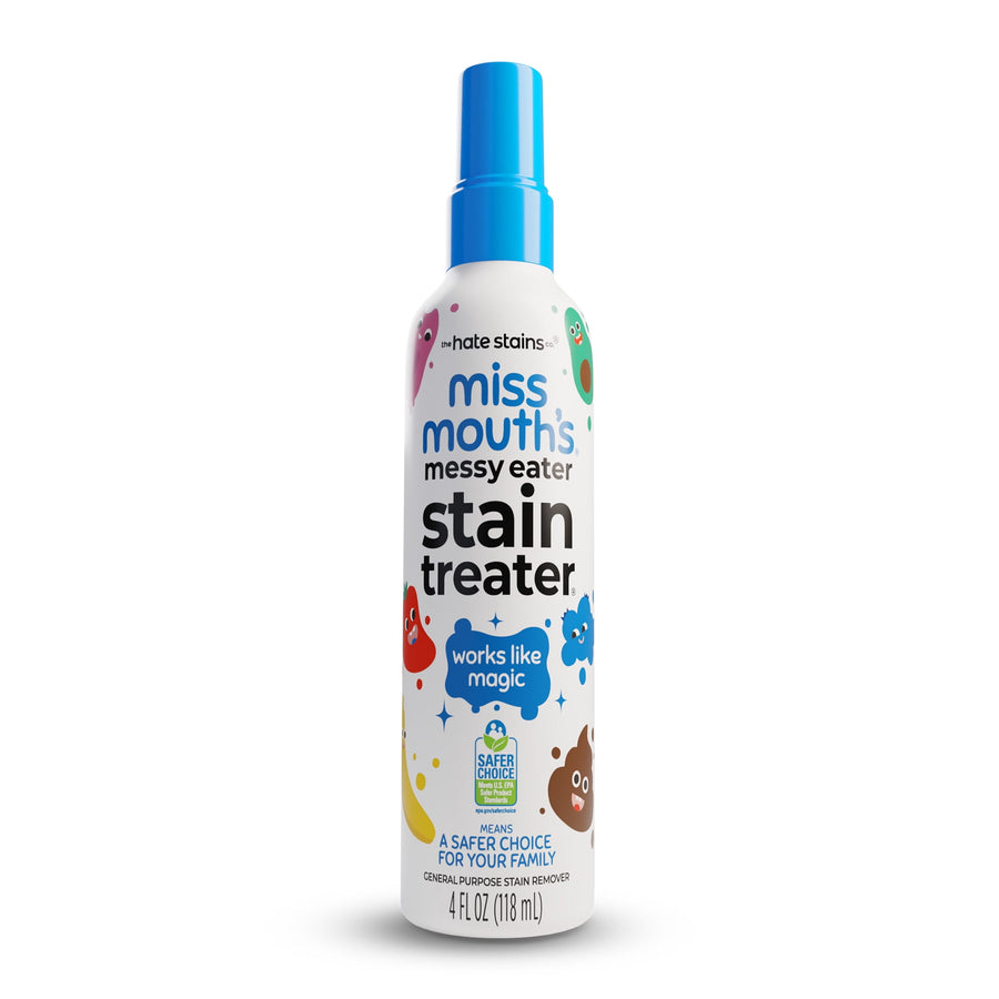 White spray bottle of Miss Mouth's Messy Eater stain treater with blue cap photographed on white background