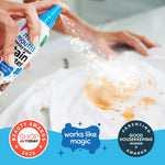 Hand spraying Miss Mouth's stain treater onto a heavily stained white shirt with sparkle effect and award badges at bottom